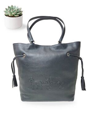 Coach Black Pebbled Leather Handbags Horse Carriage Embossed Tote Tassel Bag